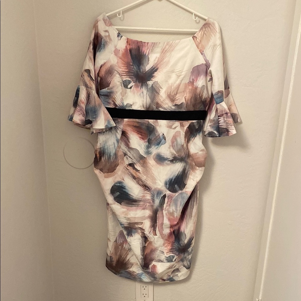 Little Mistress Pink and Gray Sheath Dress with Flutter Sleeves